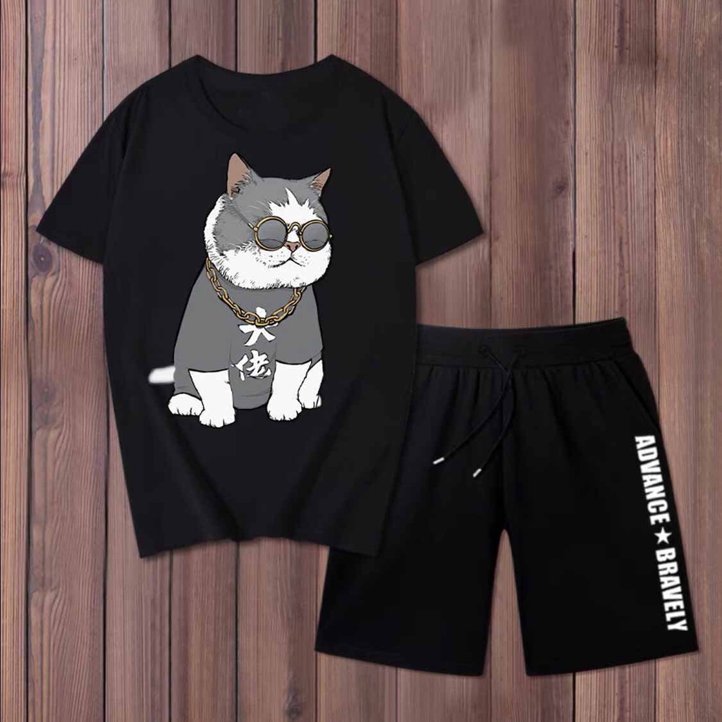 Bộ thể thao nam nữ Unisex  𝐅𝐫𝐞𝐞𝐬𝐡𝐢𝐩  Set mặc nhà gồm Áo thun mè tay ngắn và Quần short hình in mèo kính dễ thương