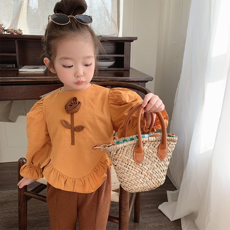 Set Đồ Mùa Thu 2 Món Gồm Áo Thun Hoa Tay Dài Thoáng Khí + Quần Ống Loe Xẻ Tà Cho Bé Gái