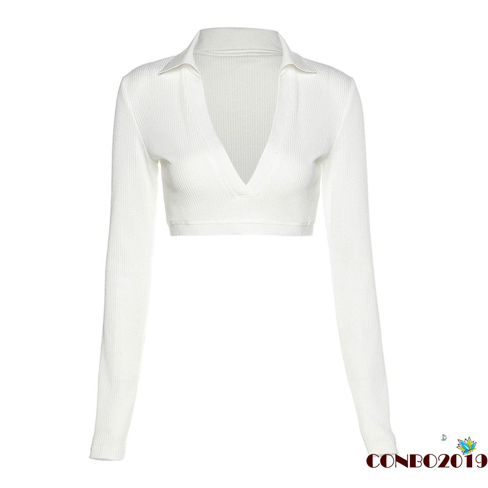 Áo Croptop Tay Dài Cổ Chữ V Màu Trơn Phong Cách Quyến Rũ | BigBuy360 - bigbuy360.vn