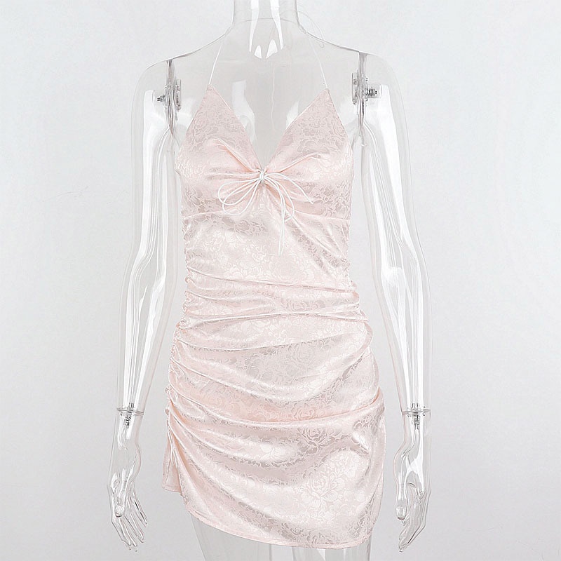 DUNEA DUNEAVI Đầm Mini Xếp Ly Dây Rút Họa Tiết Hoa Màu Hồng Gợi Cảm Cho Nữ