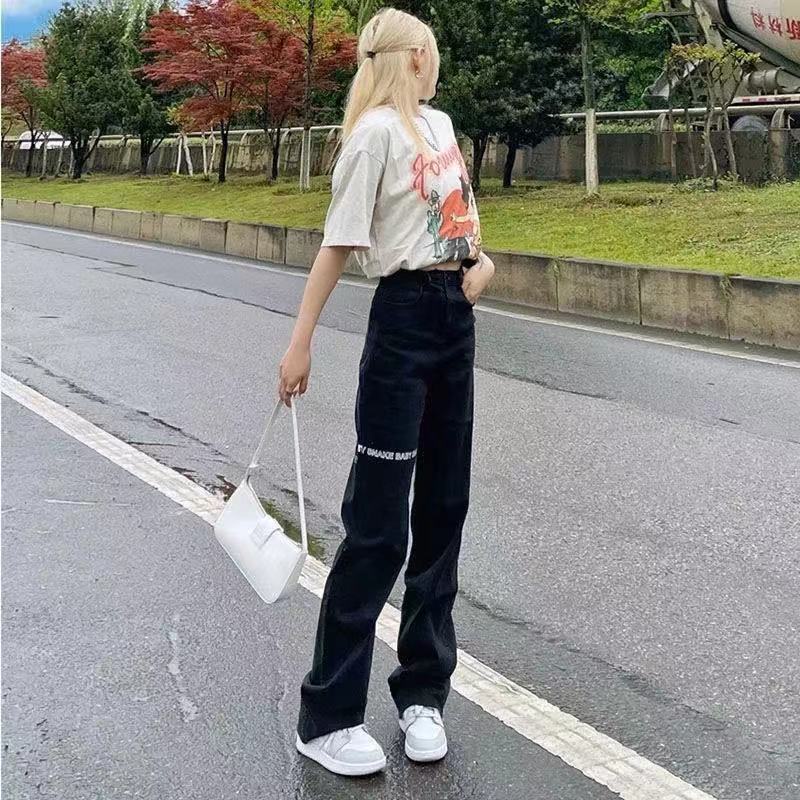 20121 new autumn and summer black Harajuku style high waist straight slimming letter printed stretch pants jeans for women OSps