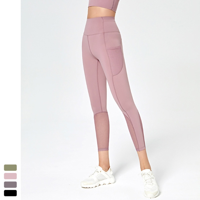 Quần Legging Tập Yoga Lưng Cao Phối Lưới Có Túi Bên Hông Dành Cho Nữ