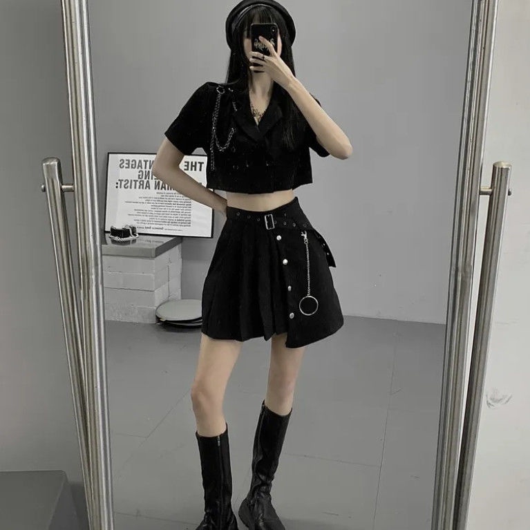 Bộ Áo Ngắn Tay+Chân Váy Xếp Ly Lưng Cao Xinh Xắn Dành Cho Nữ