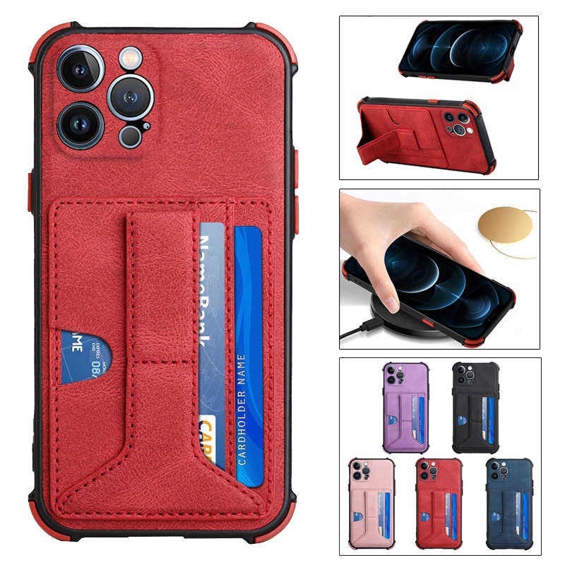 Ốp điện thoại bằng da có ngăn đựng thẻ kiêm giá đỡ cho For IPhone 12 13 Pro Max