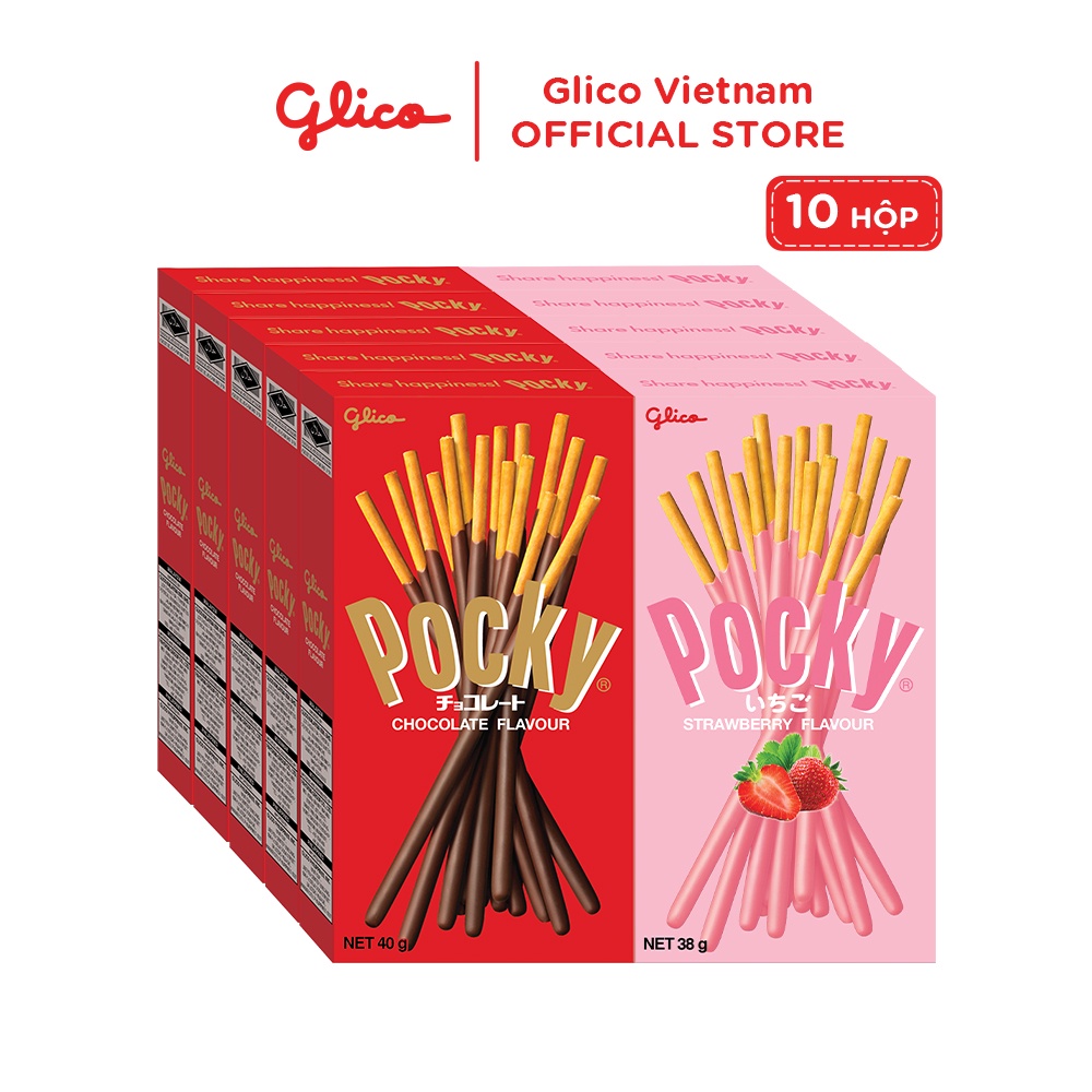 Combo 10 hộp bánh snack que Pocky Happy Set A 650G 5 Pocky Socola 5 Pocky Dâu