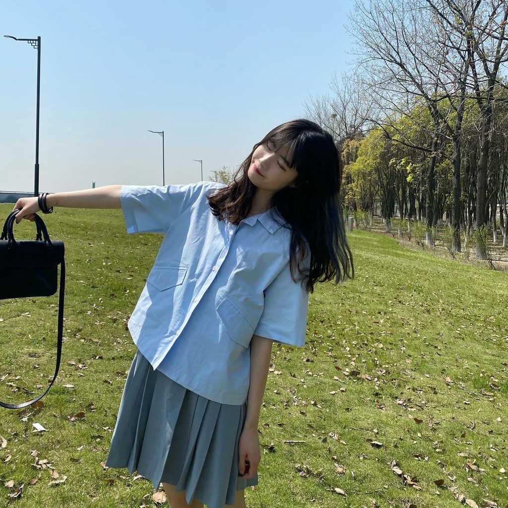 Áo Sơ Mi Nữ Tay Ngắn Màu Tím Thời Trang Hàn Quốc