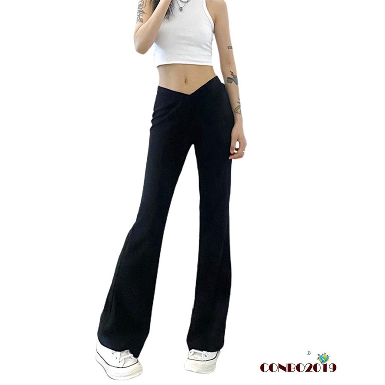 Hgm-quần Ống Loe Lưng Thấp Màu Trơn Đơn Giản Cho Nữ Size S/ M/ L