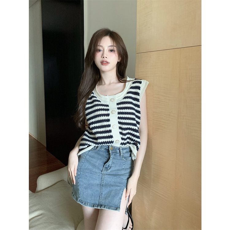 Áo Xiaozhainv sát nách cổ tròn họa tiết kẻ sọc thời trang Hàn Quốc cho nữ