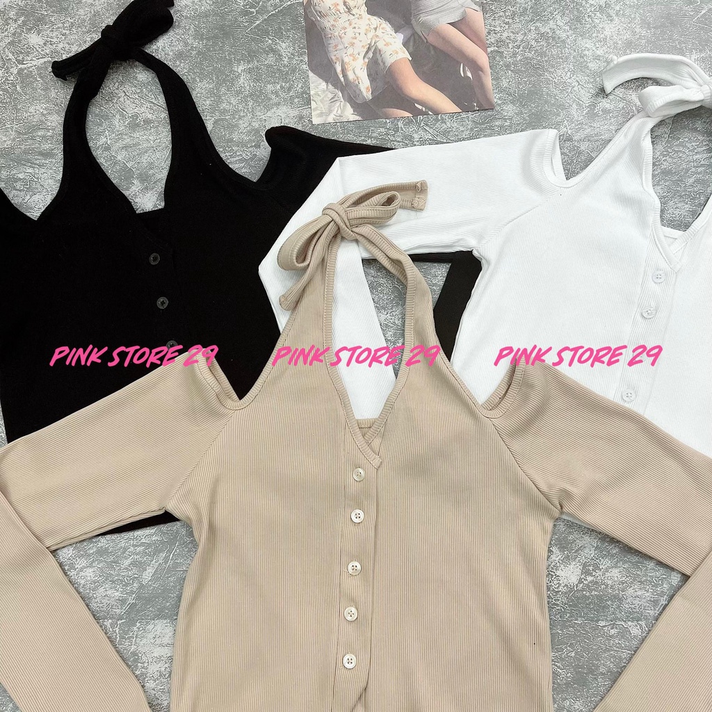 Áo Croptop Ôm Body PINKSTORE29 Cổ Yếm Hở Vai Sang Chảnh Tay Dài A5443