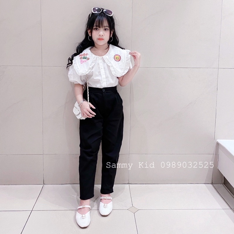 Set áo Sơmi cổ sen Thêu Quần Baggy Vải mềm đi học cho bé gái size đại 16-41kg xinh xắn