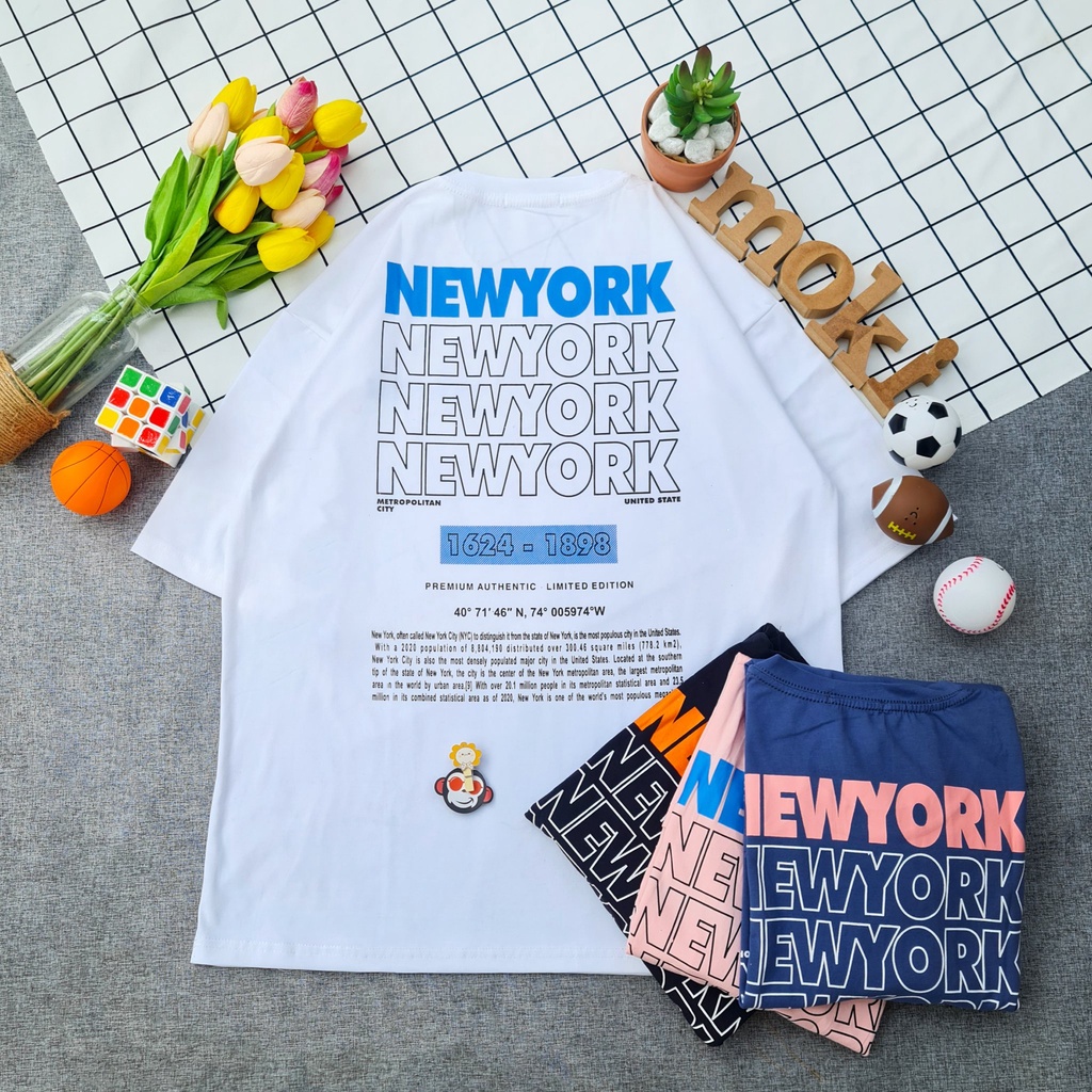 Áo phông áo thun nam nữ tay lỡ from rộng freesize chất cotton thoáng mát in chữ New york đơn giản
