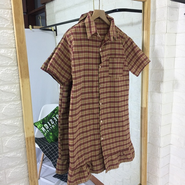 Váy sơ mi kẻ vintage đuôi xòe dáng rộng | BigBuy360 - bigbuy360.vn
