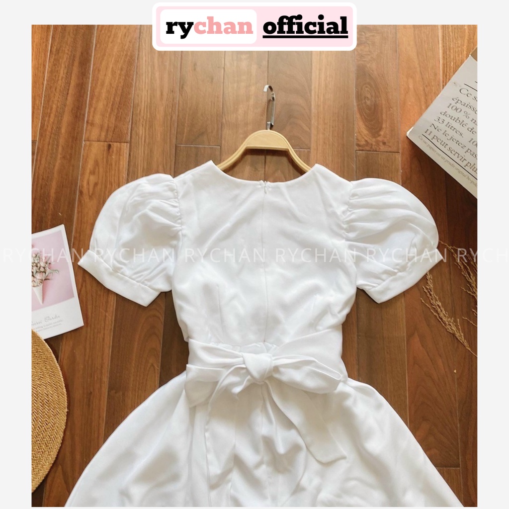 Đầm Xòe Midi Trắng Tay Phồng Nơ Lưng Lệch Tà Lót Trong Dày Dặn [Ảnh Thật Cuối] - DX0077