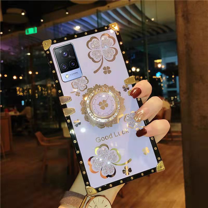 Ốp Điện Thoại Hình Vuông Đính Đá Lấp Lánh Kèm Giá Đỡ Nhẫn Cho Vivo Y15s Y21 Y73s Y20 Y30 Y19 Y95 Y11 Y15 Y72 Y51 2020