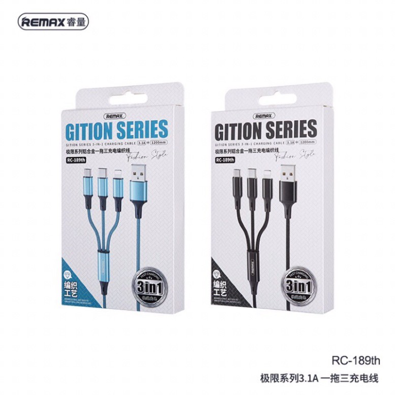 Cáp sạc Remax 3 đầu RC-189th Trang bị 3 cổng sạc Lightning + Micro USB + Type C