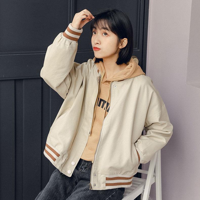 IMAODOU Harajuku Korean Fashion Style Loose Baseball Jacket For Women Short Striped Collar Simple New Style