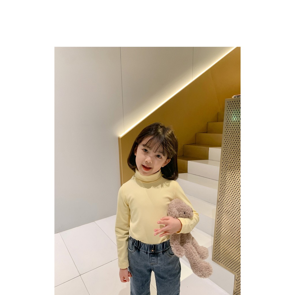 Girls' round neck middle neck basic shirt children's solid striped high collar cashmere T-shirt 2021 new autumn and winter fashion