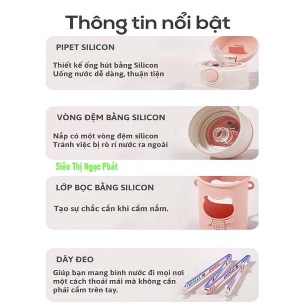 Bình Nước Ngộ Nghĩnh cho Bé 600ML_Có kèm Ống hút, Quai Đeo, Sticker