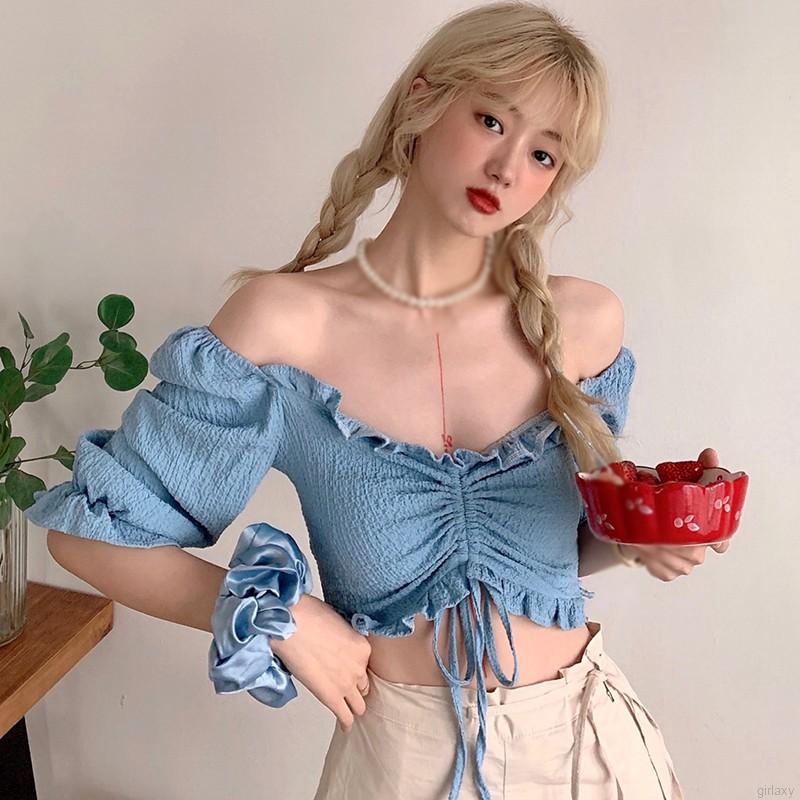 Áo Croptop Trễ Vai Màu Trơn Phong Cách Hàn Quốc