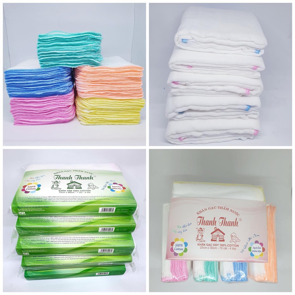 Combo 50 Khăn sữa dày nhỏ và 5 Khăn tắm Thanh Thanh 100% cotton thiên nhiên