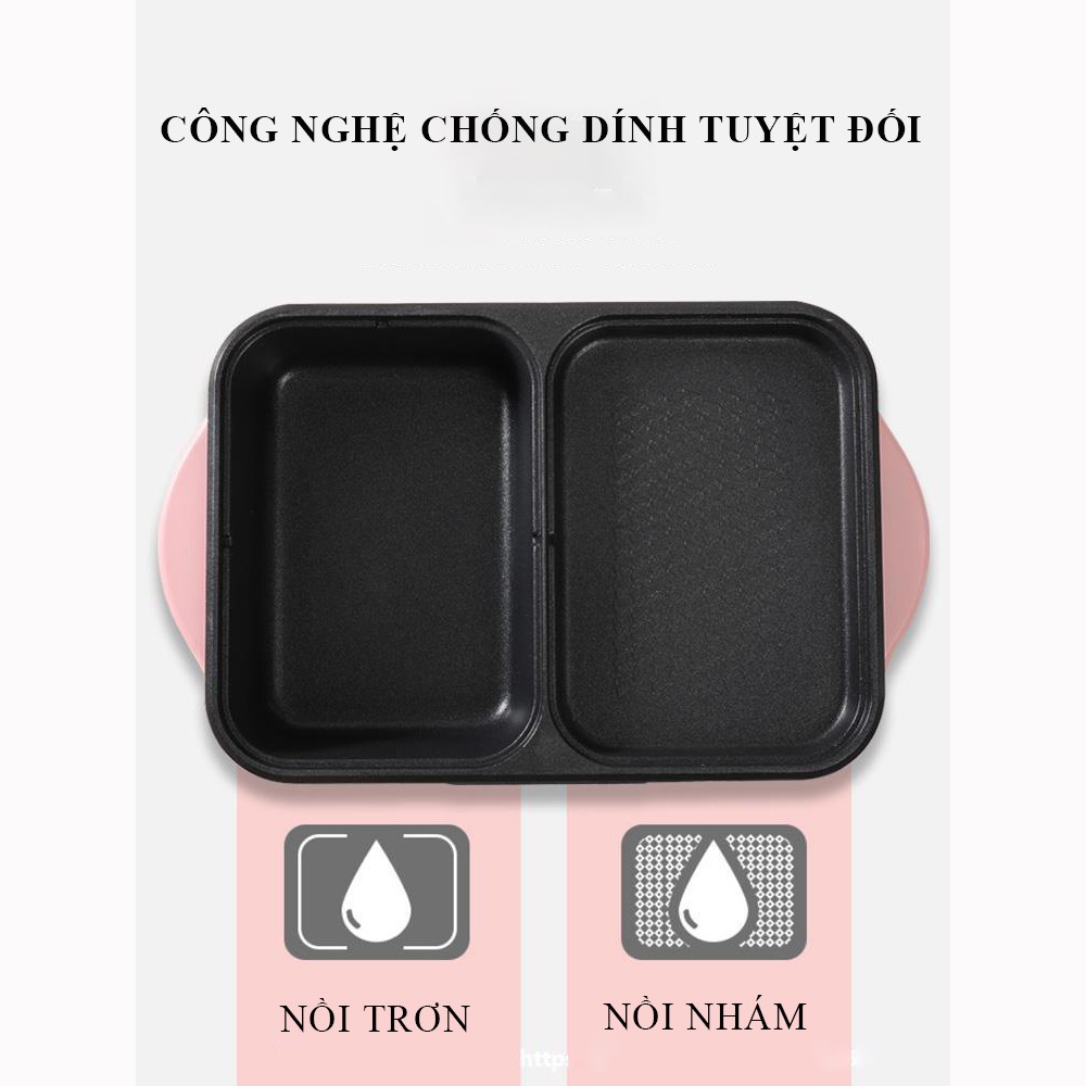 Nồi lẩu điện mini 2 ngăn đa năng lẩu, nướng riêng biệt, nồi nướng điện siêu tốc chống dính thế hệ mới, tiện dụng