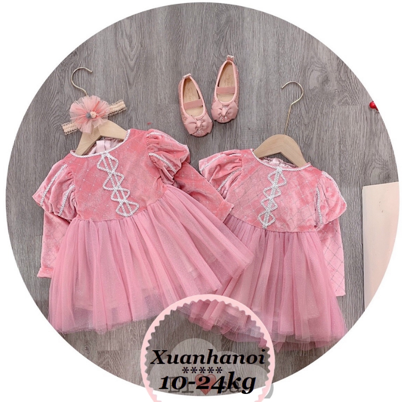 Váy nhung dập kim tuyết phối ren Baby doll XHN457