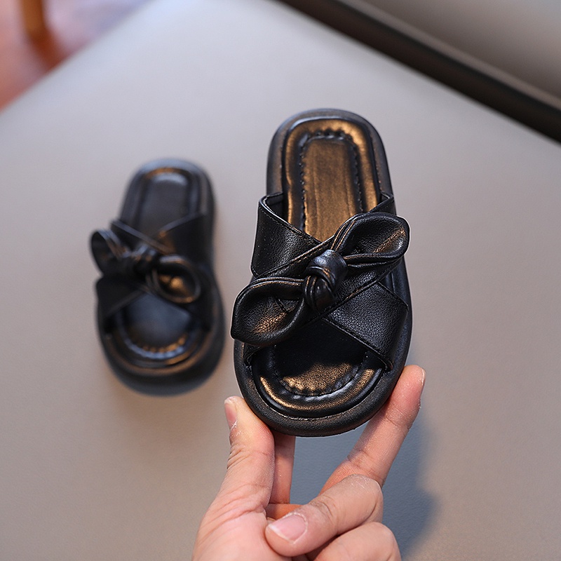 Dép Da Mềm Đính Nơ Chống Trượt Màu Trơn Thời Trang Cho Bé Gái 3-6 Tuổi