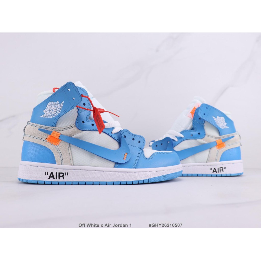 Off White x Air Jordan 1 joint model Jordan 1 high-top sneakers North Carolina blue cowhide material Size: 36-45 Women's and Men's Sports Running Shoes Sneakers