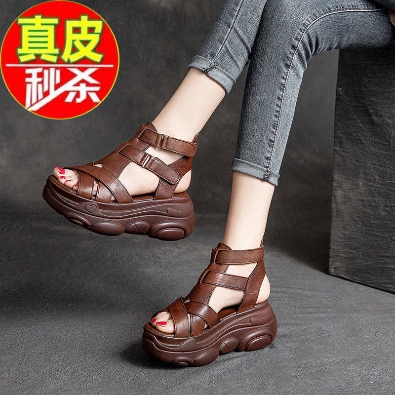 Giày Sandal La Mã Cao Gót Bằng Da Mềm Dày Dặn Phong Cách Retro Mùa Hè 2022