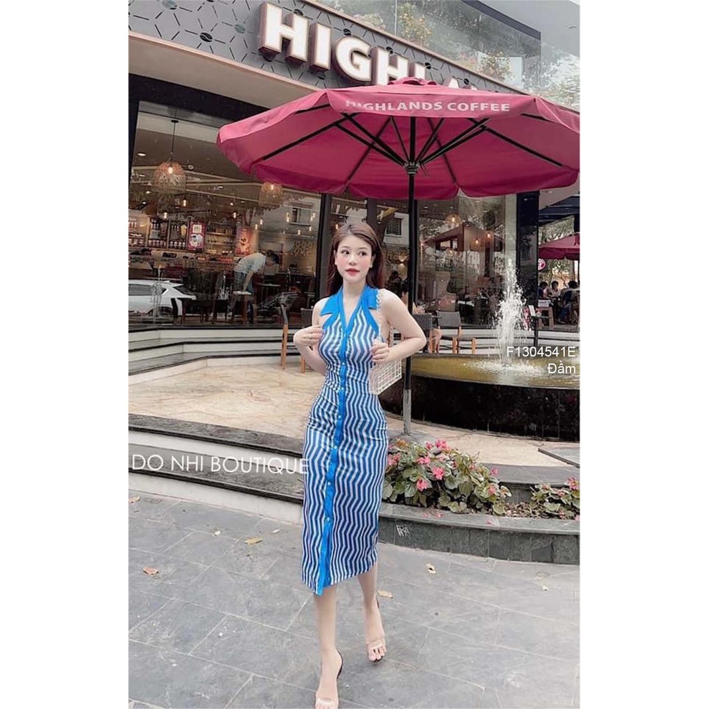 Đầm body yếm họa tiết cổ sơ mi hở lưng!