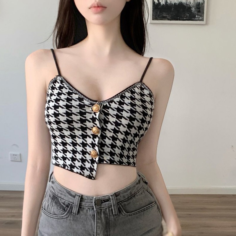 Áo Croptop Dệt Kim Hai Dây Cổ Chữ V Họa Tiết Kẻ Sọc Thời Trang Mùa Hè Cho Nữ