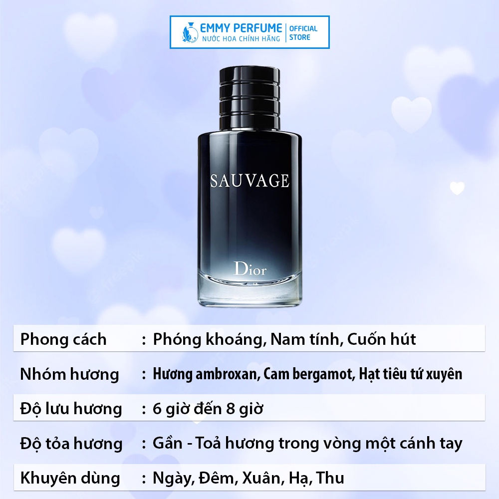 Nước Hoa Nam Dior Sauvage EDP Nam tính Mạnh mẽ Cuốn hút Thơm Lưu hương lâu 8 - 10 giờ EmmyPer