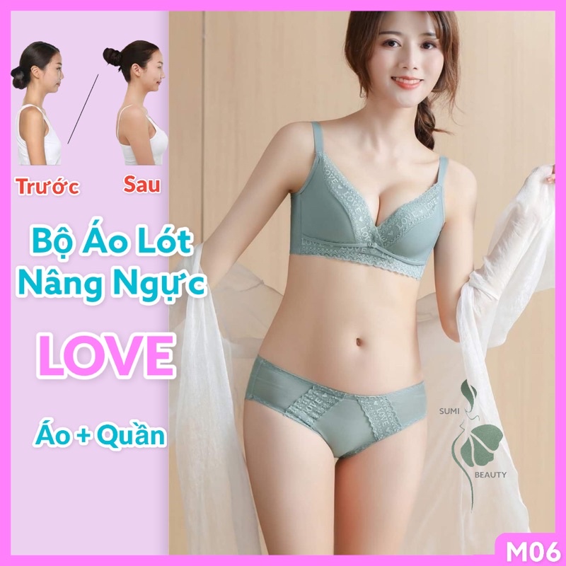 Bộ áo lót nữ LOVE M06 không gọng giúp nâng ngực kèm quần lót nguyên bộ chất liệu mềm mịn mặc thoải mái mút 2.8cm cup AB