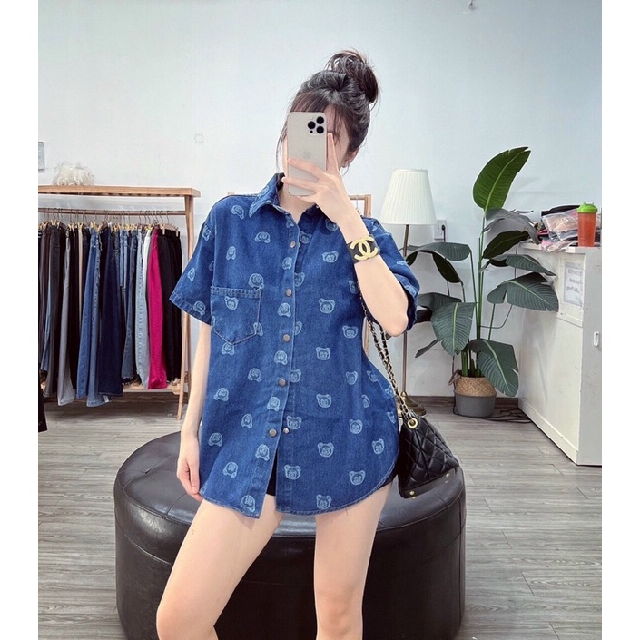 Áo sơ mi bò gấu xanh đậm( ảnh thật)