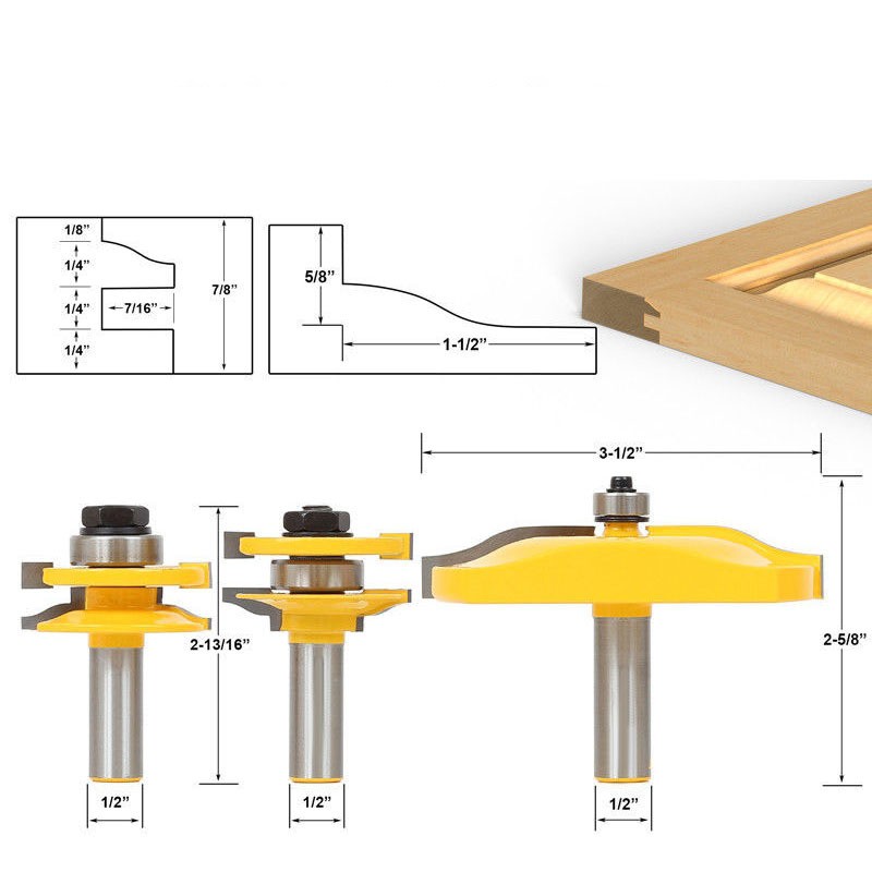 Bộ 3 mũi phay gỗ ghép ván , mũi soi làm cánh cửa tủ bếp cốt 12.7mm