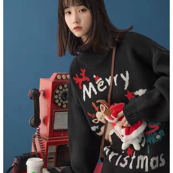 Áo len cổ cao giữ ấm phong cách giáng sinh thời trang mùa xuân cho nam/nữ/cặp đôi