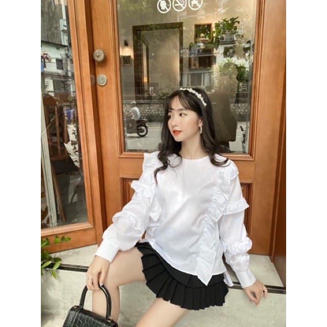 A054 Áo Sơ Mi  không cổ Nữ Bánh Bèo Tay Bồng Hot Girl, Áo Tiểu Thư Trắng Tay Bèo Tầng Ulzzang Phong Cách Hàn Quốc