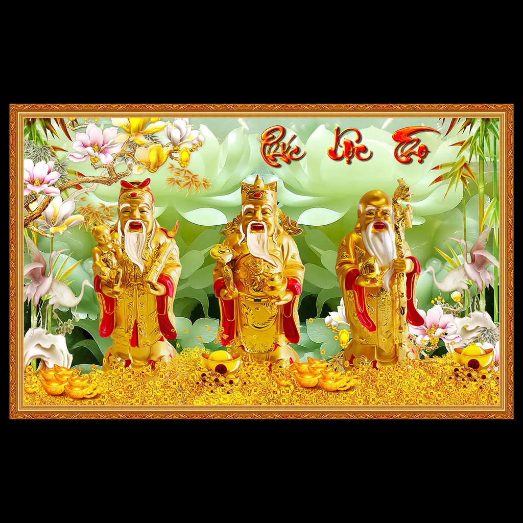 Tranh Phúc Lộc Thọ, tranh dán tường trang trí phòng khách cao cấp, nhiều kích thước