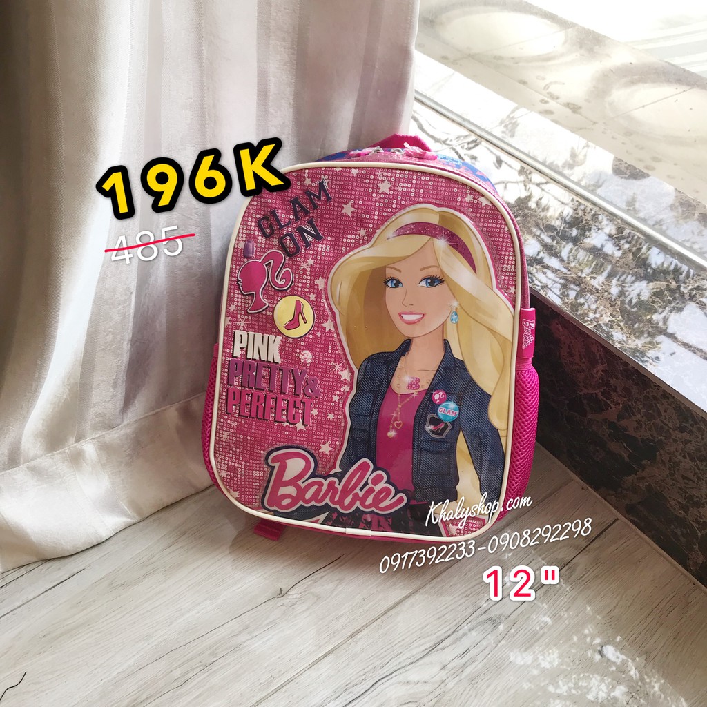 Balo trẻ em 12'' hình Barbie màu hồng viền xanh lấp lánh dành cho học sinh , bé gái - BLBAGU12HX (28x12x32cm)