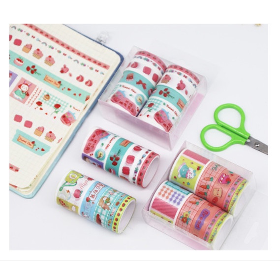 Hộp 10 cuộn băng dán washi tape mix mẫu cute dùng để trang trí sổ tay, nhật ký Journal, album