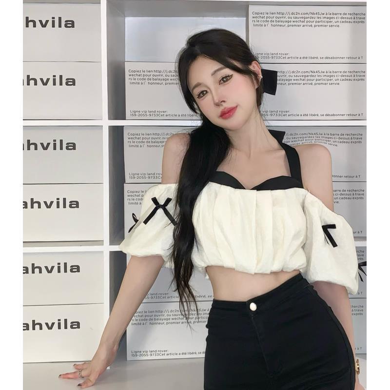 Jiashucheng Áo Ngắn Tay Phồng Hở Vai Phối Màu Ngọt Ngào Thời Trang Xuân Hè Phong Cách Mới Cho Nữ