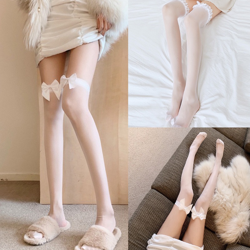 Vớ Lưới Xuyên Thấu Cao Ngang Đùi Phối Ren Đính Nơ Phong Cách Lolita Quyến Rũ Cho Nữ