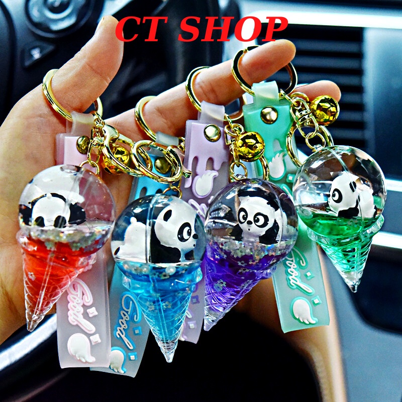 Móc khóa gấu trúc chuyển động trong ly kem, móc chìa khóa xe máy, ô tô; móc treo túi xách, balo - CT SHOP