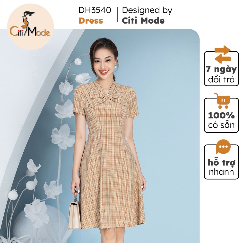 Đầm xoè caro công sở CITI MODE vàng tay ngắn đính hoa ngực chất vải cao cấp DH3540