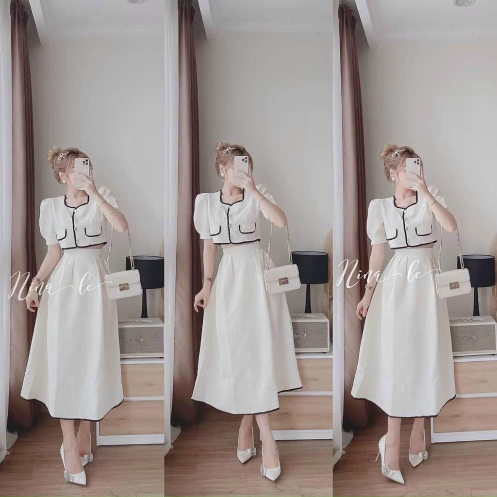 Sét đồ 2 món viền né cài nút thật kèm chân váy xòe dài dễ thương fashionzero - 80224