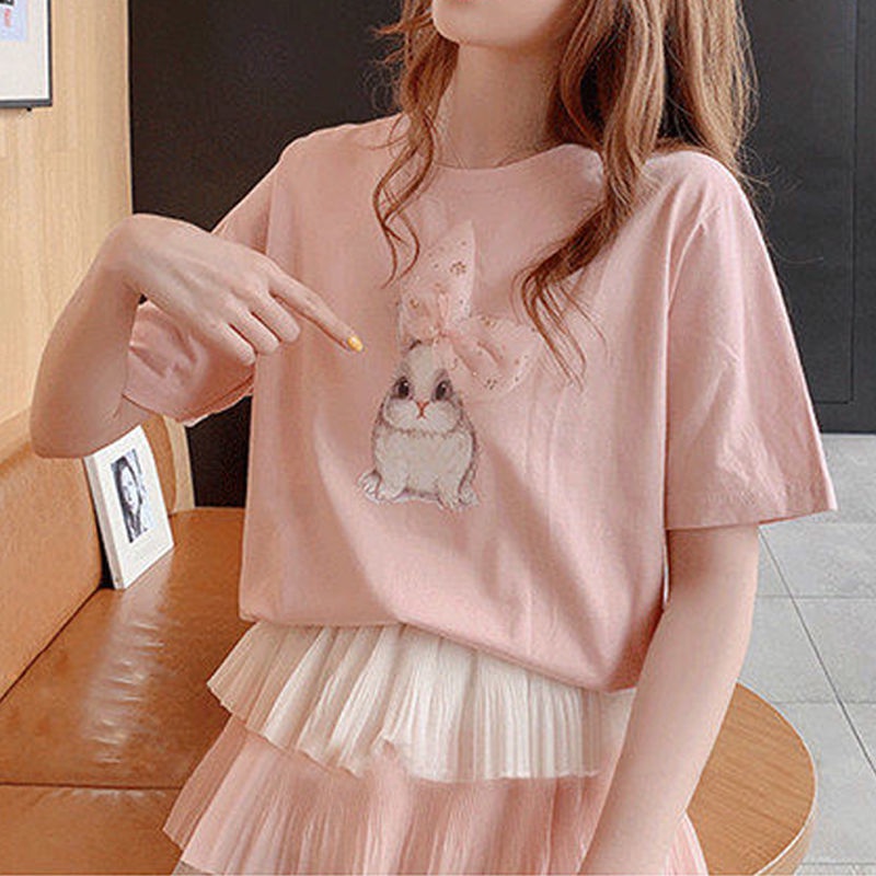 Áo Thun Cotton Tay Ngắn Màu Trắng In Hình Thỏ Phong Cách Mới 2022 Cho Nữ