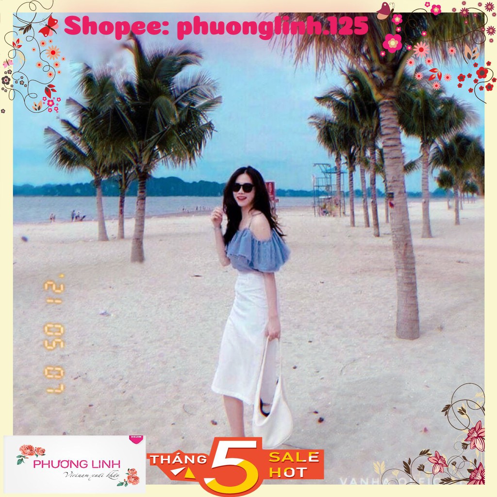 SET ÁO XANH 2S TRỄ VAI BÈO CHÂN VÁY TRẮNG | BigBuy360 - bigbuy360.vn