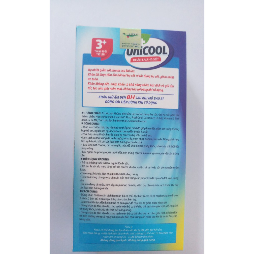 Khăn lau hạ sốt UniCool - dùng cho trẻ em từ 3 tháng tuổi trở lên và người lớn, giúp hạ nhiệt và hạ sốt  - thuocviet24h