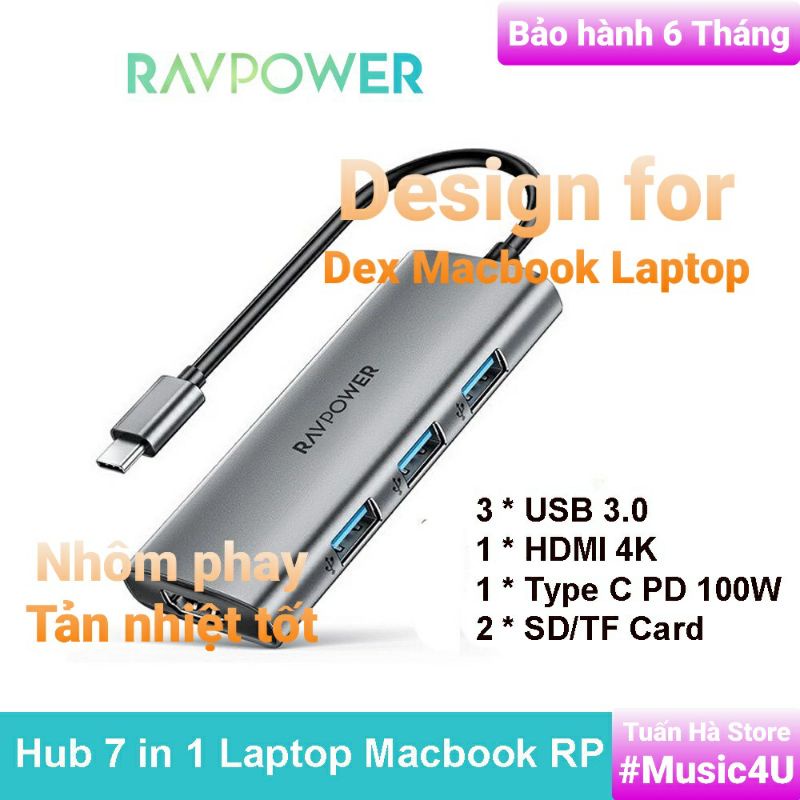 Bộ cáp chuyển đổi Hub 7 in 1 USB Type C to sang HDMI 4K VGA USB3.0 PD Vention Ravpower Aukey cho Samsung dex  Mac