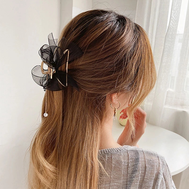 Kẹp Tóc Kim Loại Dạng Mặt Dây Nơ Đính Ngọc Trai Thời Trang Cho Nữ